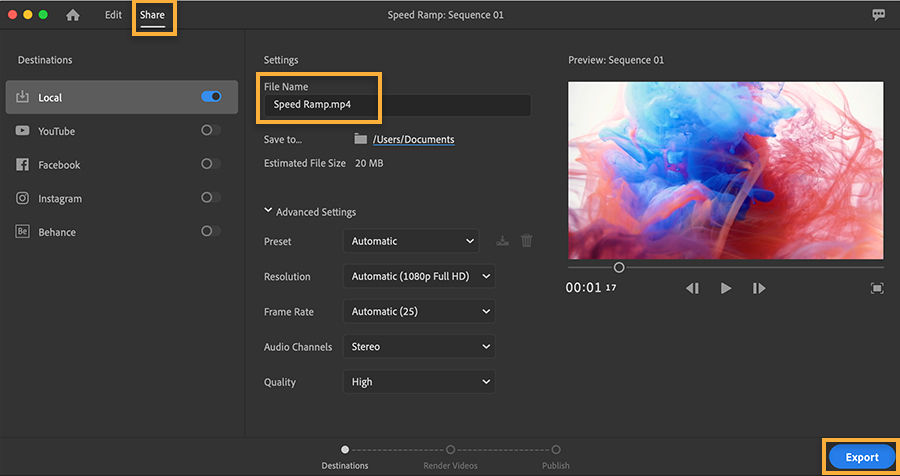 Share screen in Adobe Premiere Rush shows export settings set to save .mp4 to local machine.