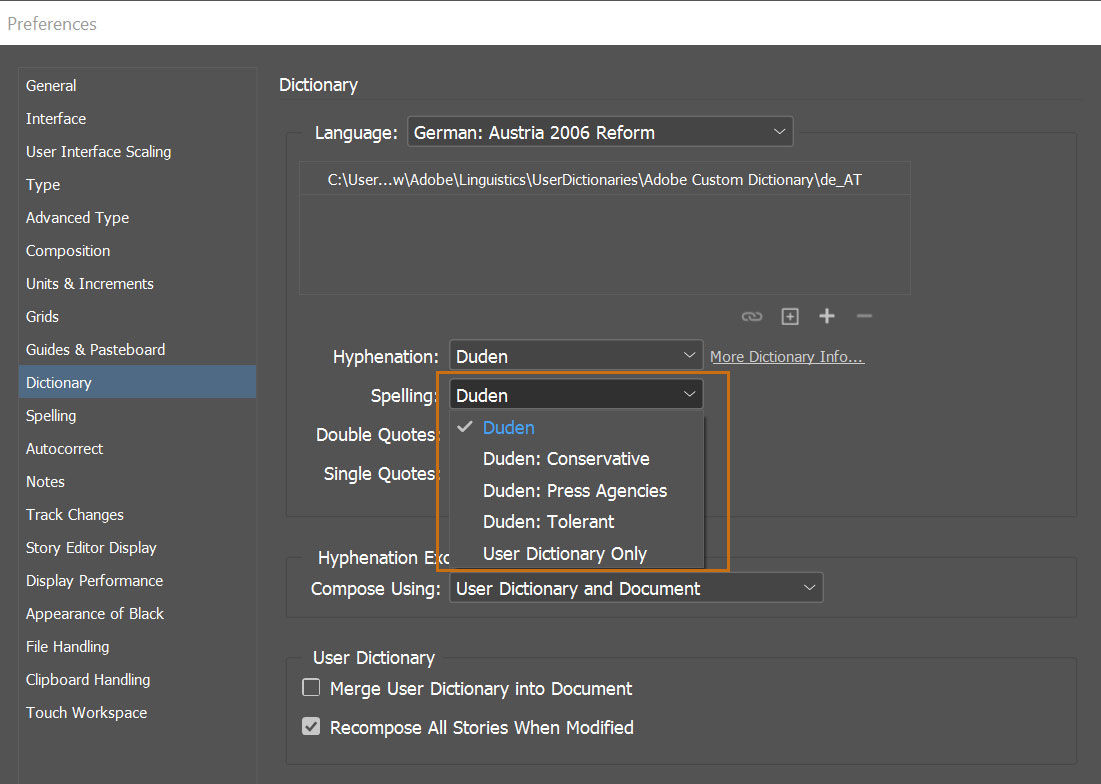خيارات التدقيق الإملائي أثناء استخدام قاموس Duden