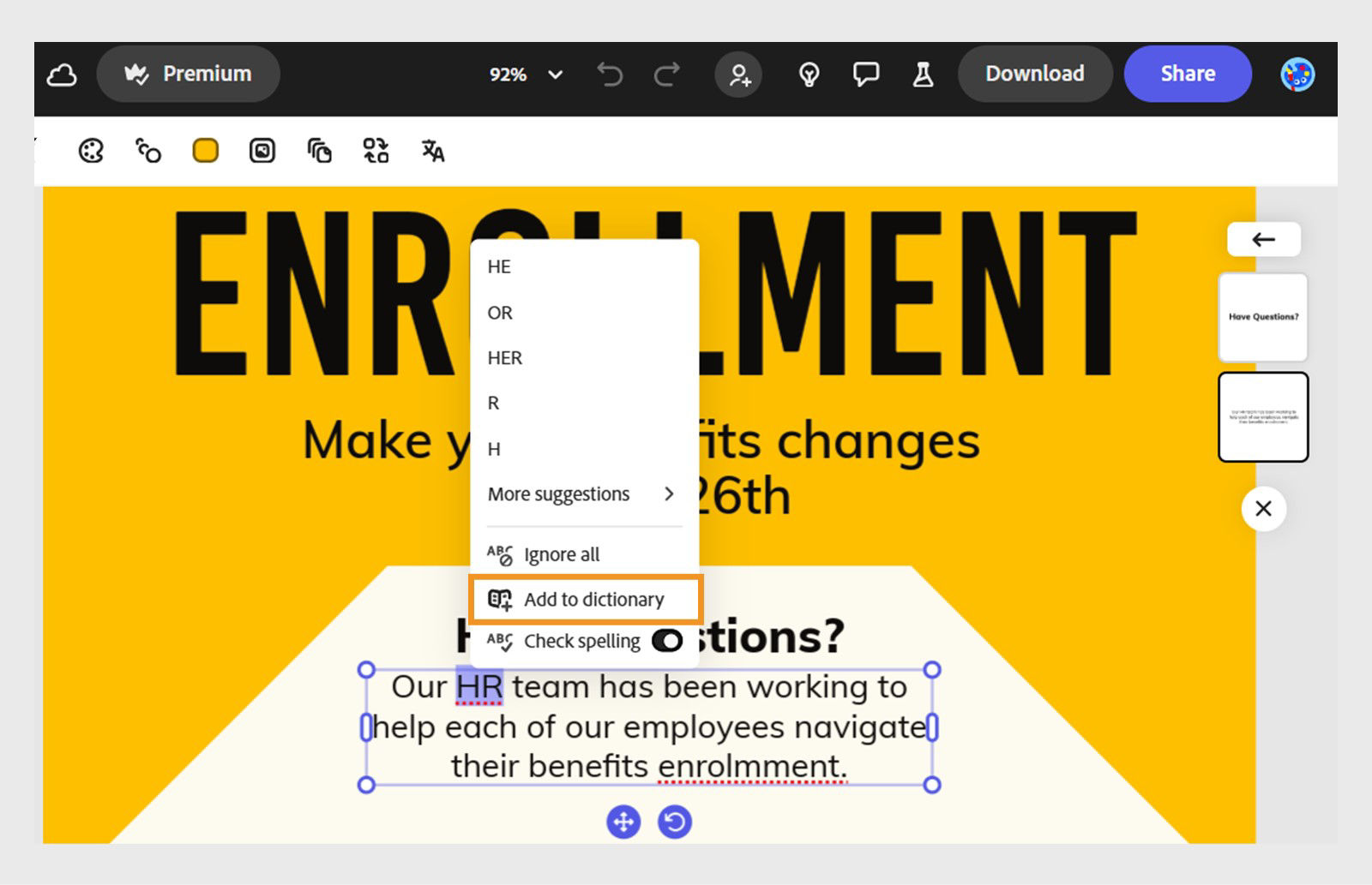 Adobe Express editor with a selected text box showing the word HR underlined for a spelling error. A right-click menu displays the suggested correct options with options to Add the work to dictionary highlighted.