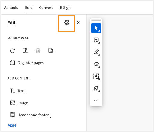 Settings icon in Adobe Acrobat