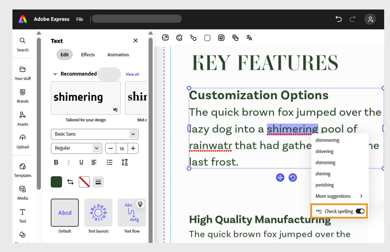 Adobe Express editor with a selected text box showing the word "shimering" underlined for a spelling error. A right-click menu displays the suggested correction "shimmering".