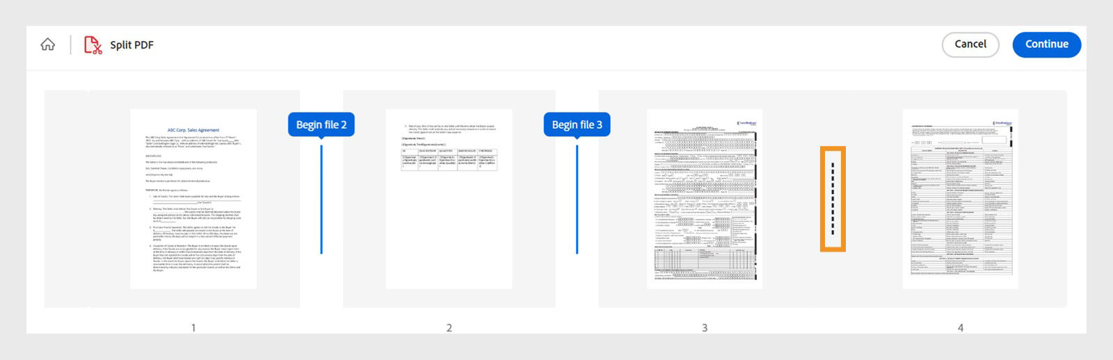 The image displays page thumbnails separated by dotted lines.  One dotted line is selected and highlighted to mark the split position.