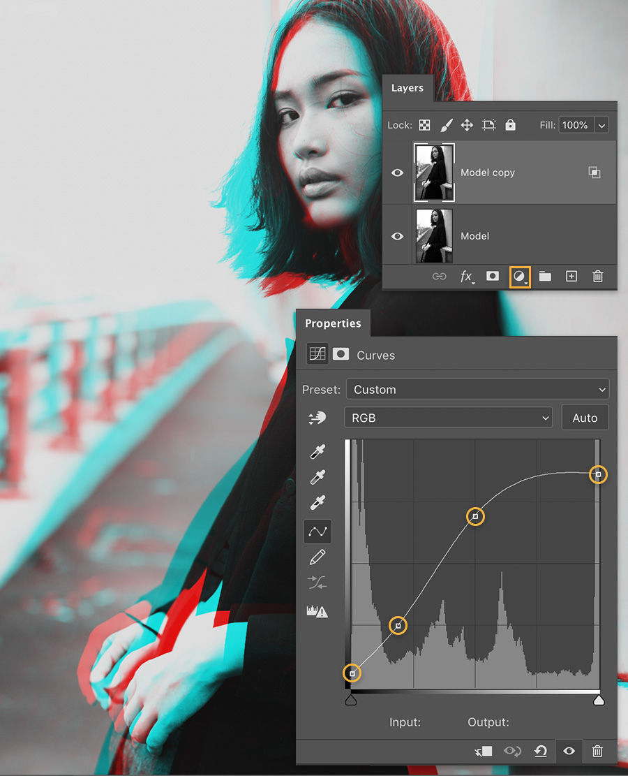 Cyan and red appear around the model and scene where the warp tool distorted the top layer, the Curves panel shows 4 points