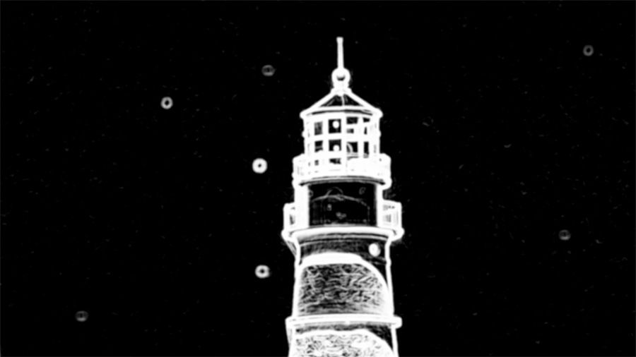 Black and white inverted view of a lighthouse showing dirty lens specks illuminated