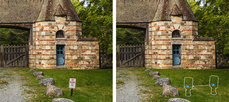 Side by side images of an old stone house with a sign in front which is removed in the right side photo