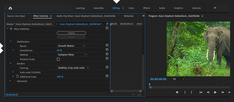 Effect Controls panel shows the Warp Stabilizer effect’s Stabilization Result setting (Smooth Motion) and Smoothness (50%)