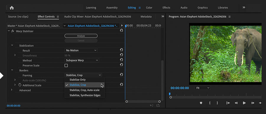 Effect Controls panel shows the Warp Stabilizer effect’s Framing setting options