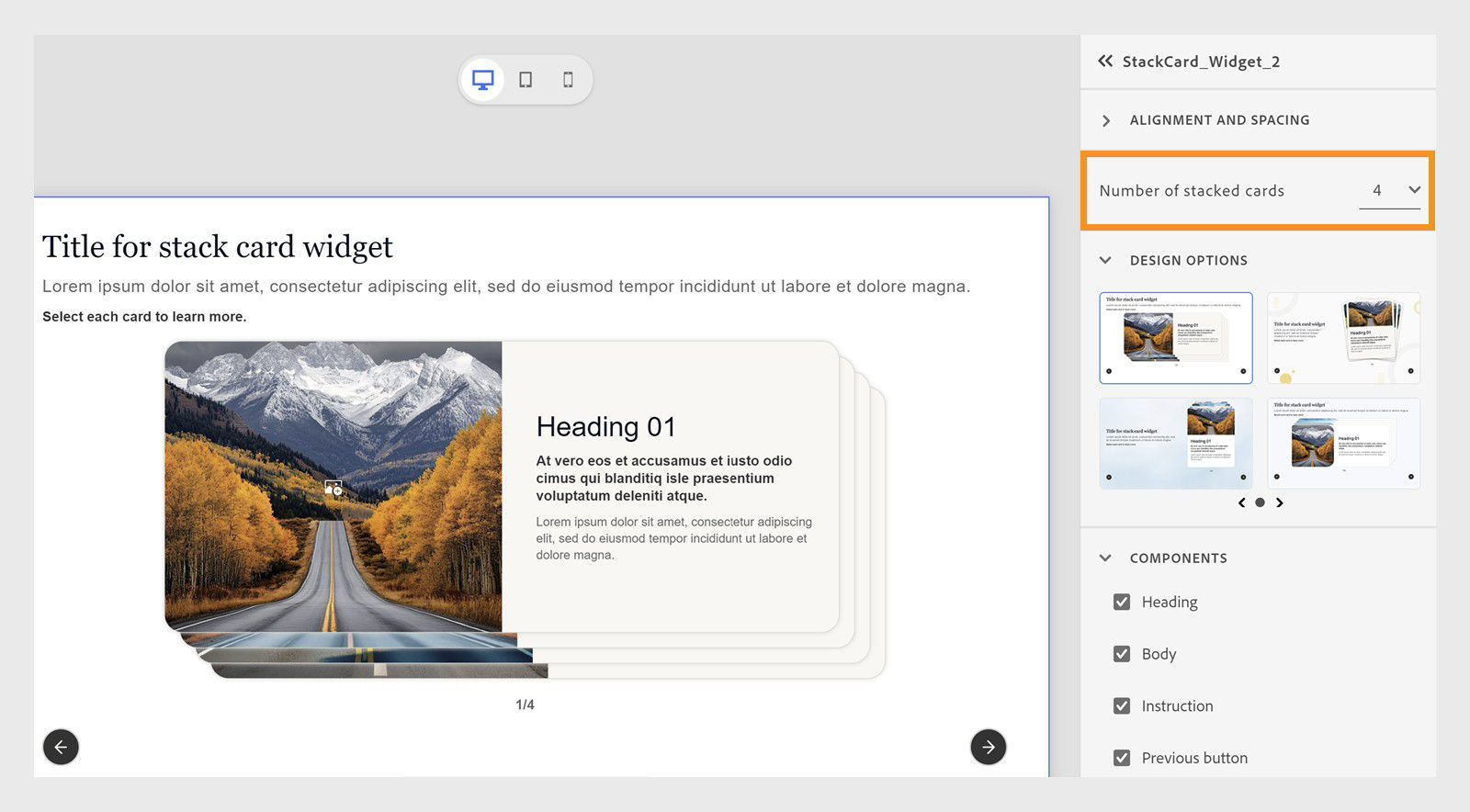captivate interface showing the Stack card widget 