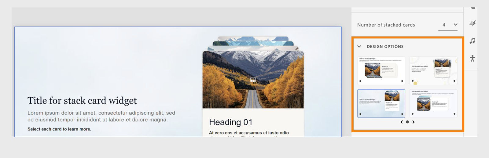 Captivate interface showing design options for stack card widget