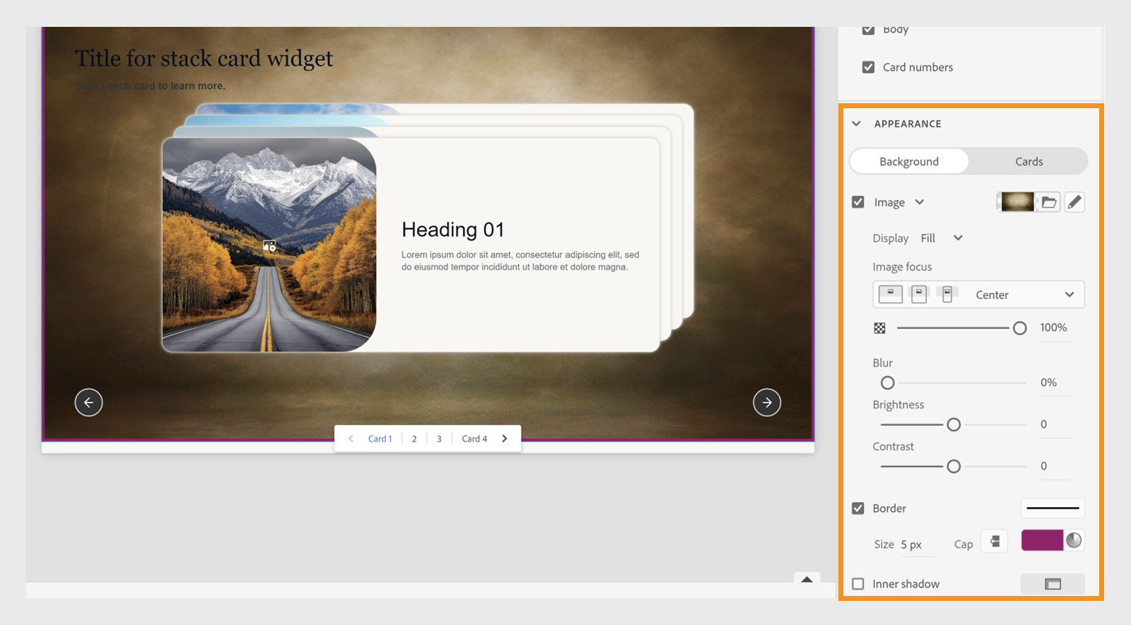 Captivate interface showing how to customize the appearance of the stack card widget