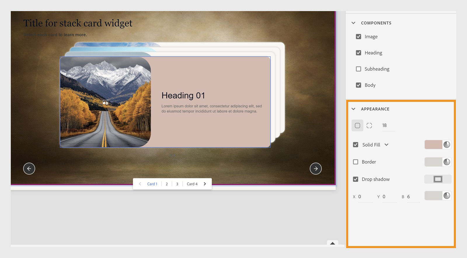 Captivate interface showing how to customize appearance for each card in the stack card widget