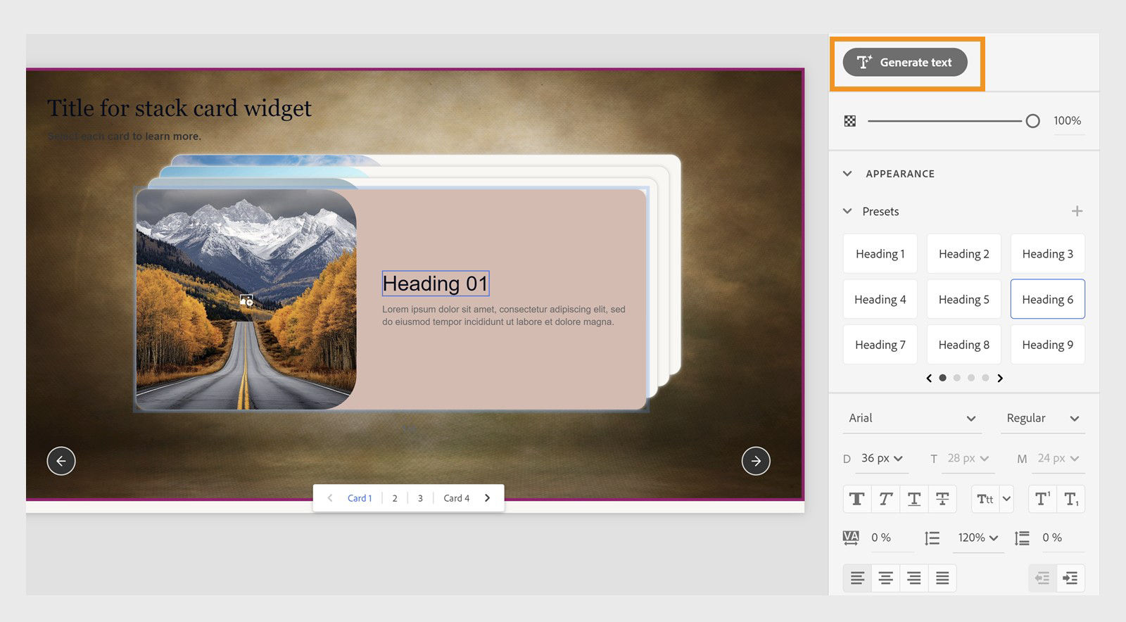 captivate interface showing the text formatting options for text in a stack card