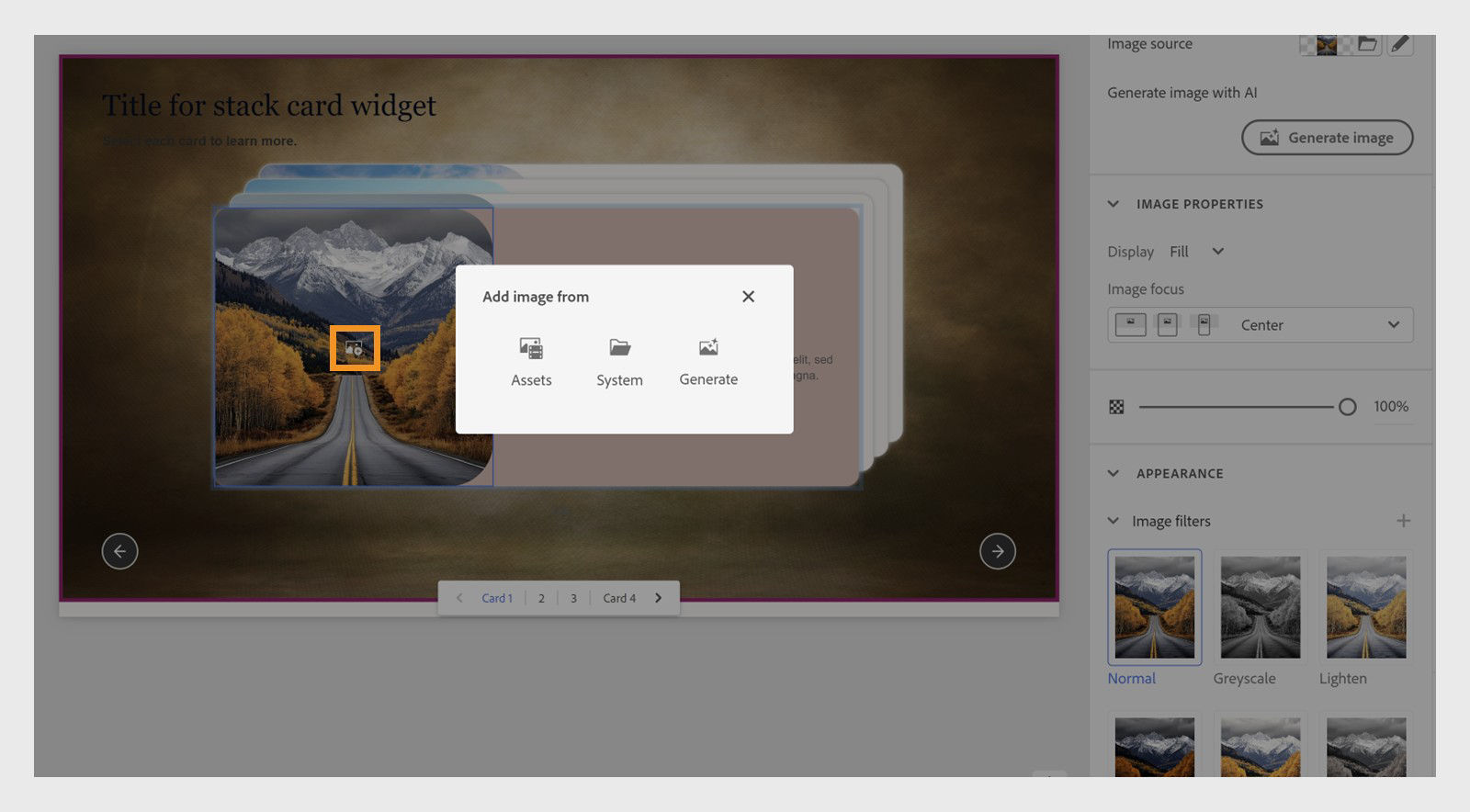 Captivate interface showing how to replace image in a stack card