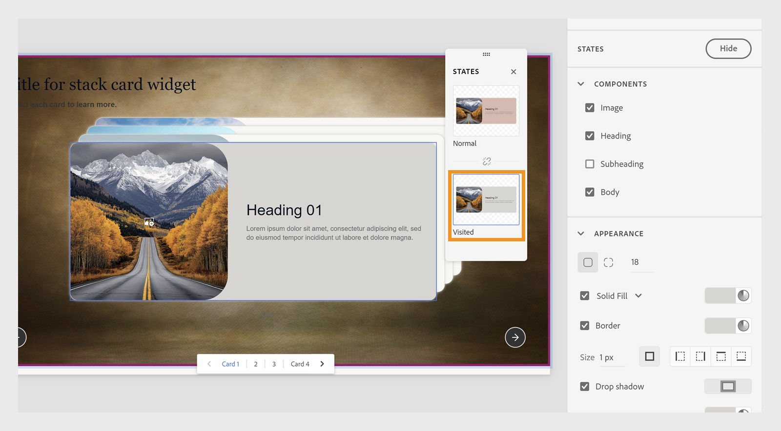 captivate interface showing how to customize the appearance for visited states for stack cards