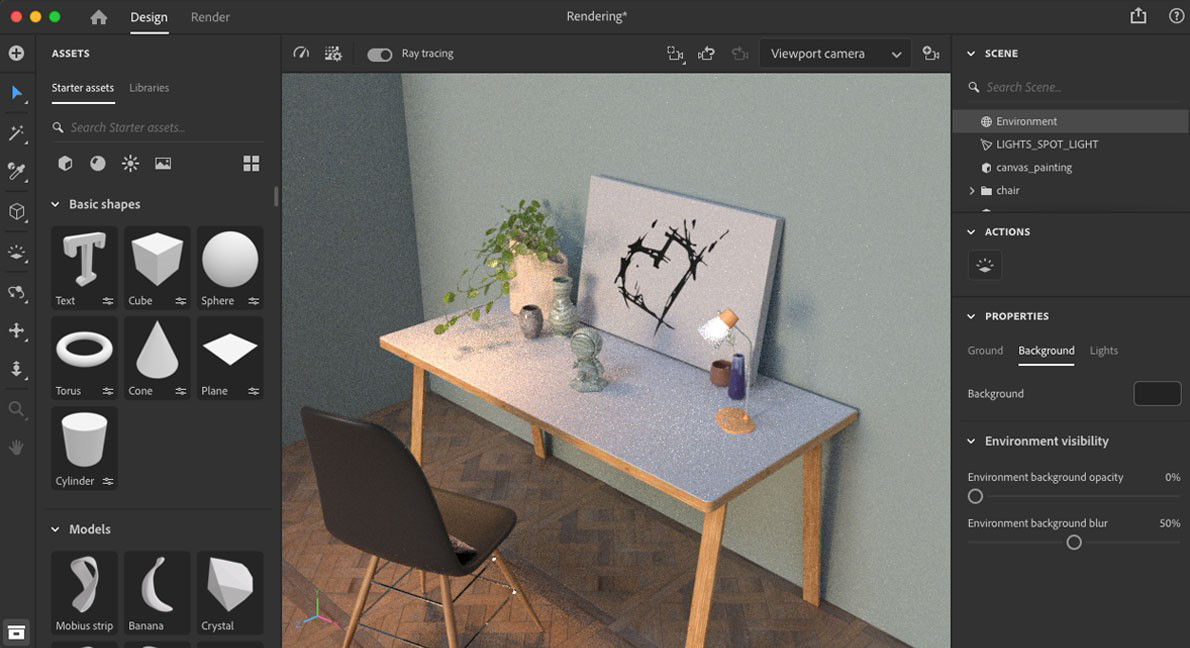 Design mode helps you stage 3D scenes and create compositions. 