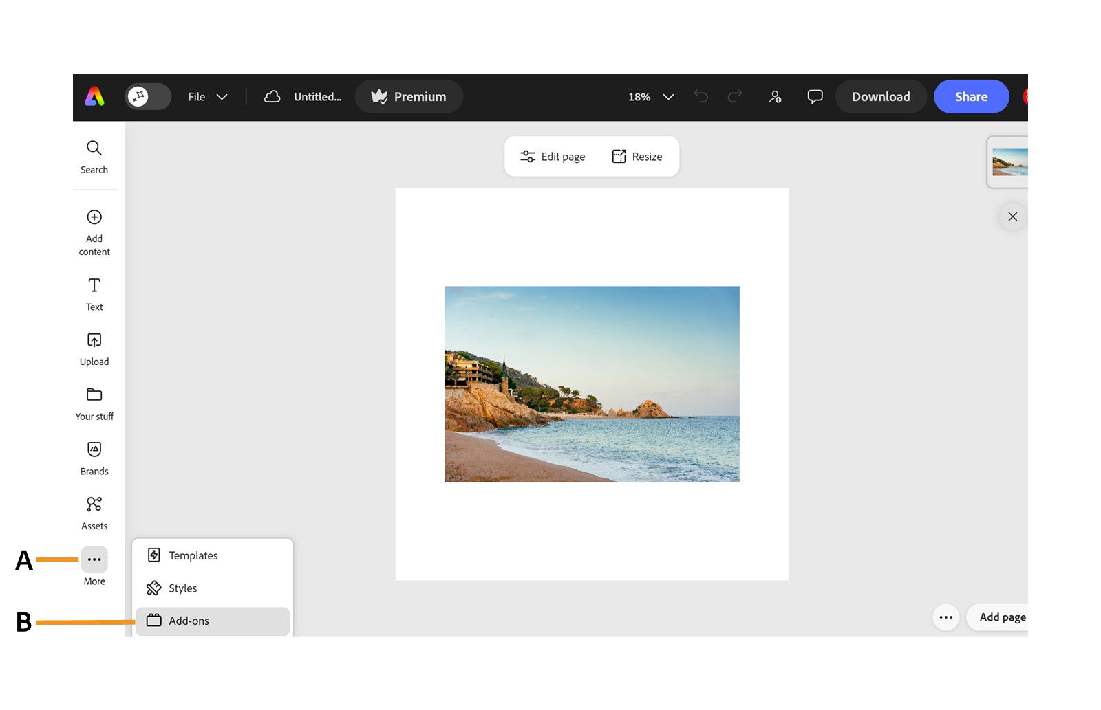 The More menu displays the Add-ons option in the Adobe Express editor.