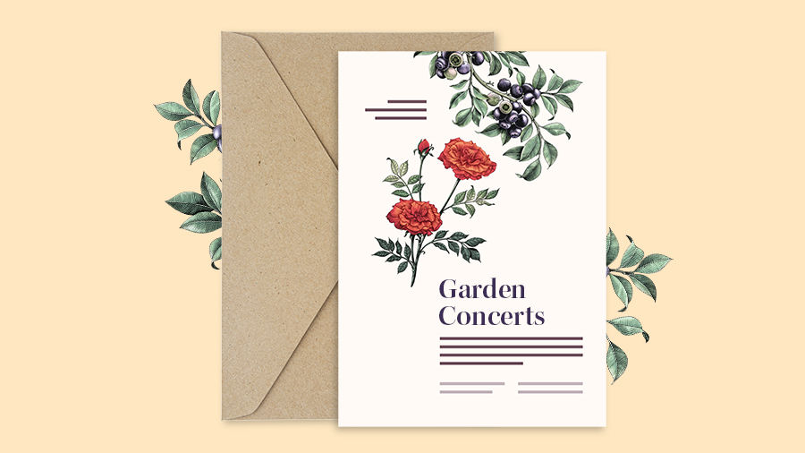 Example of a print invitation with the title “Garden Concerts” and botanical graphics