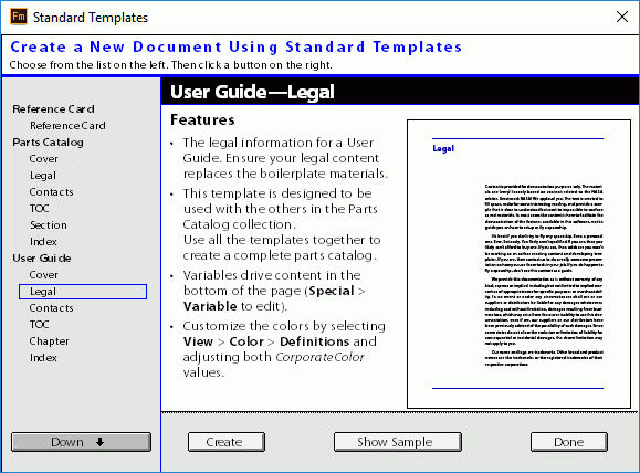 Create a document using standard template in FrameMaker