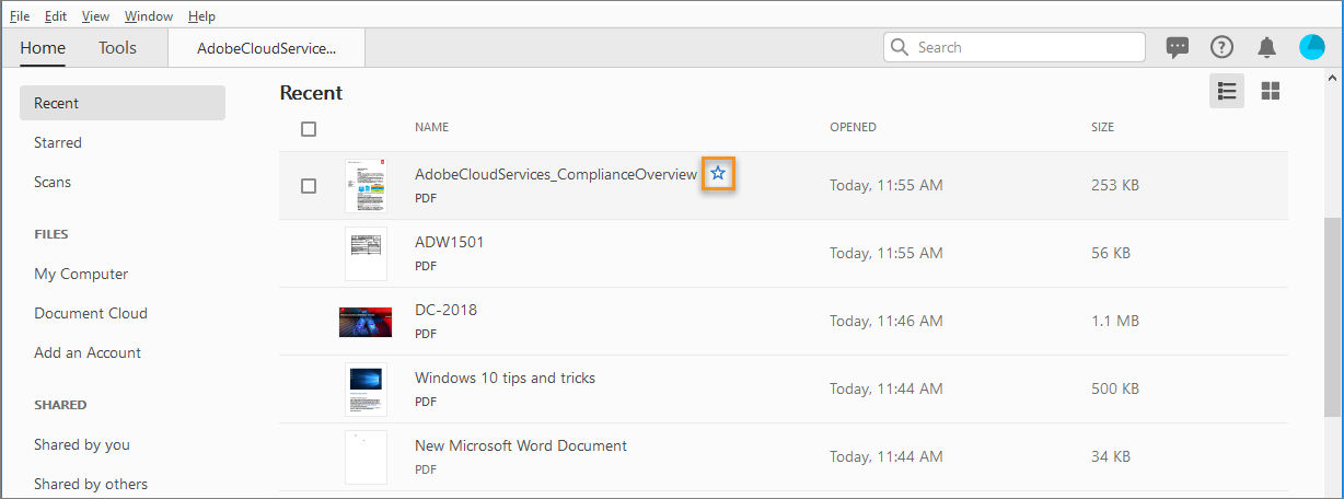 Star a file from Recent