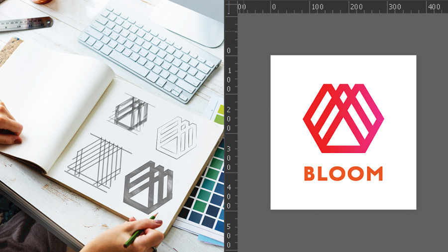 Sketches for a logo in a journal on the left and the final logo in Illustrator on the right