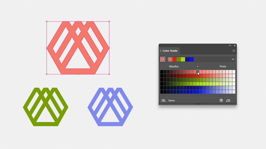 Three different colors of a logo shown beside a Color Guide panel showing color Swatches in Illustrator