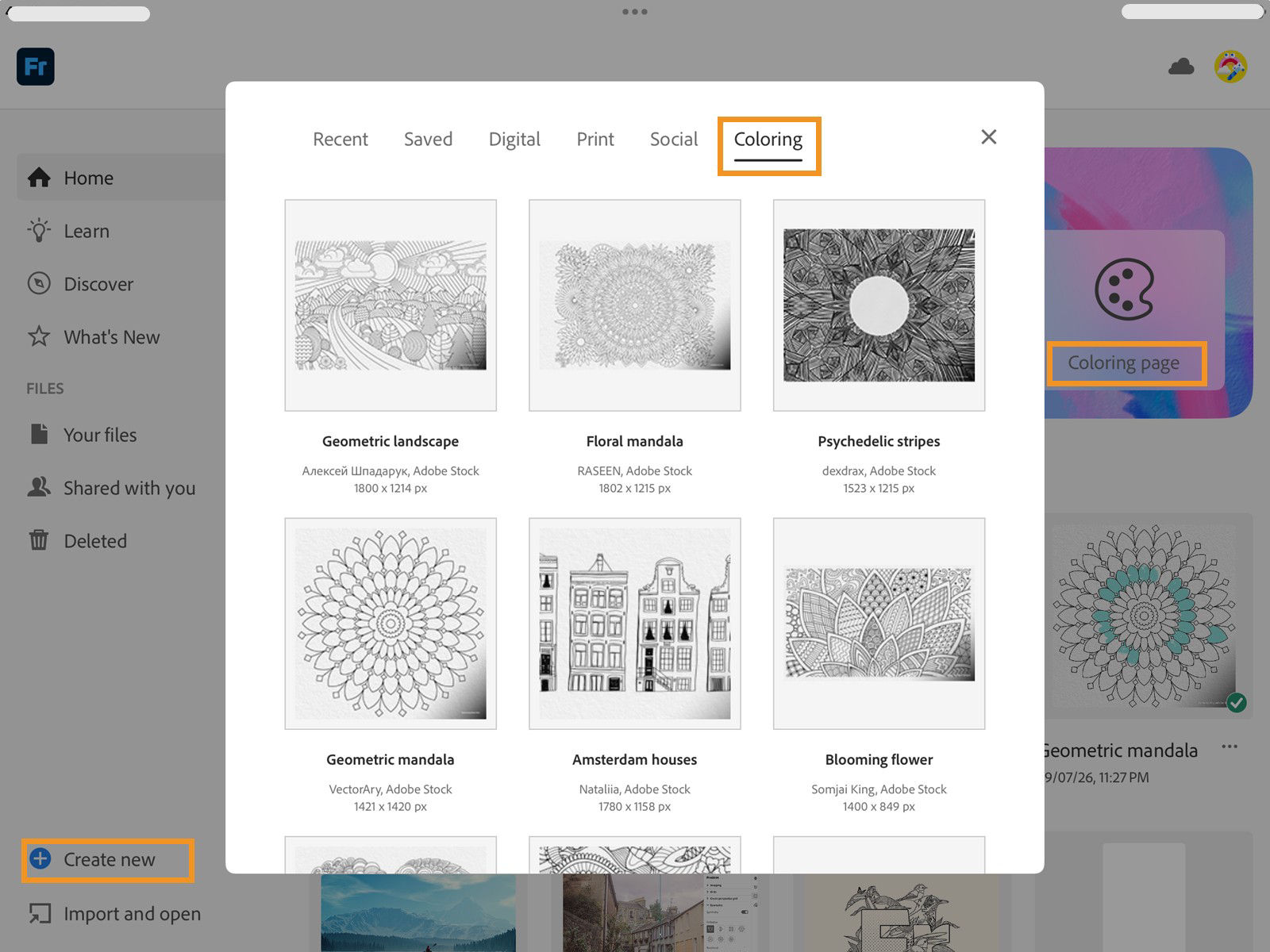 The Fresco home page is open, with the Coloring tab selected, displaying six starter pages.