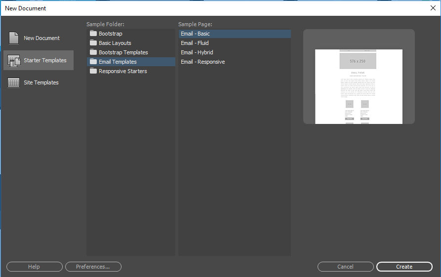 Dreamweaver's starter email templates