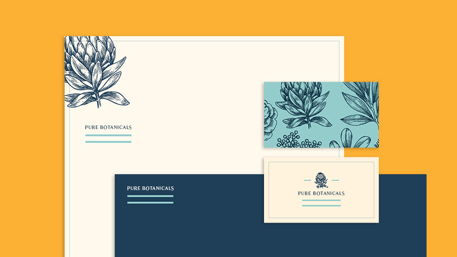 Stationery set for the brand Pure Botanicals, with business cards, letterhead, and envelope