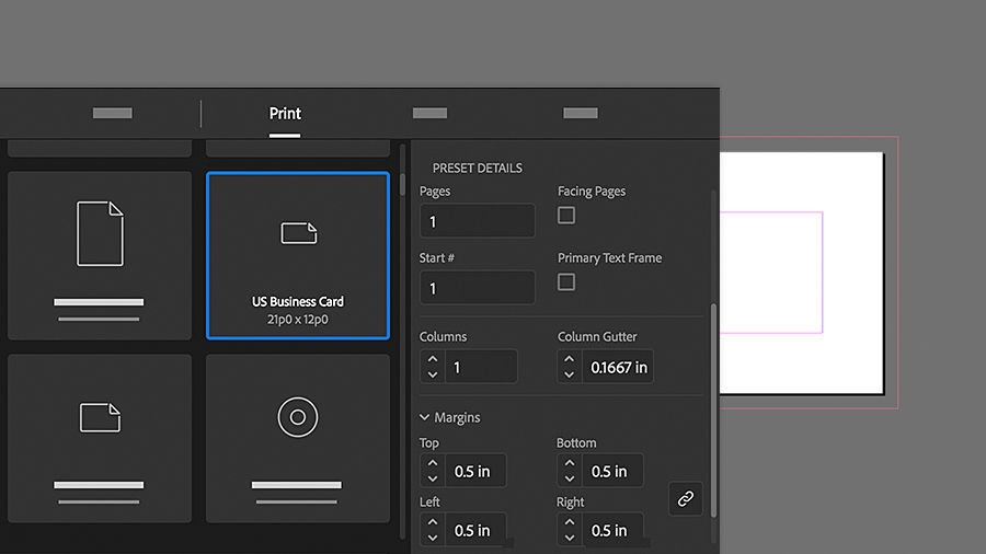 Using the New Document dialog box to set up a new document