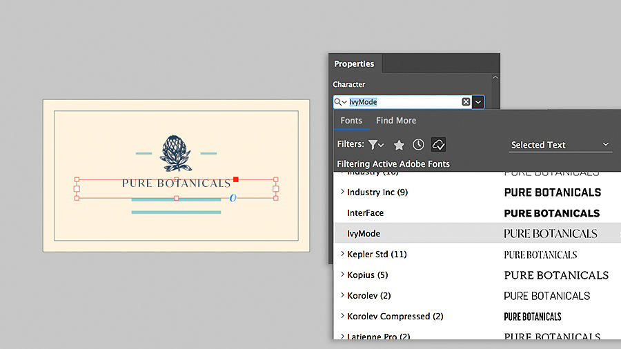 Selecting a headline font using the Character panel