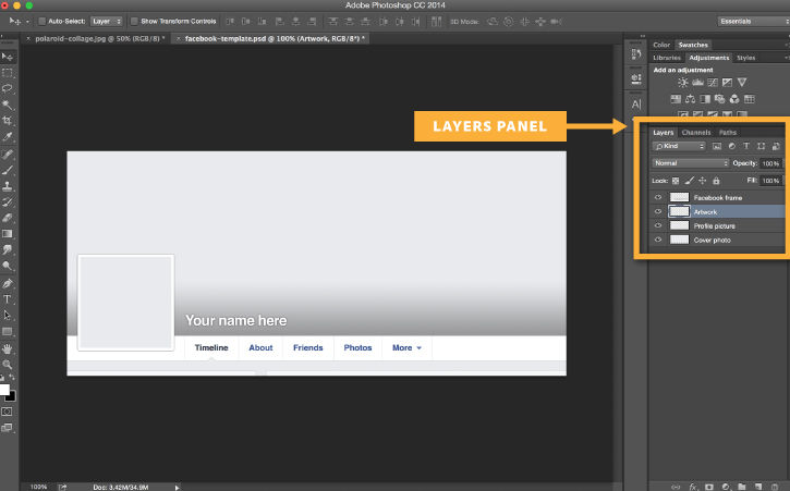 Facebook template file is open, Layers panel shows Facebook frame, Artwork, Profile picture, and Cover photo layers