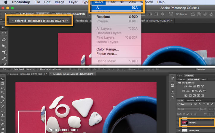 In the Facebook template file, click Select > All, then copy your cover photo and paste it onto the Artwork layer