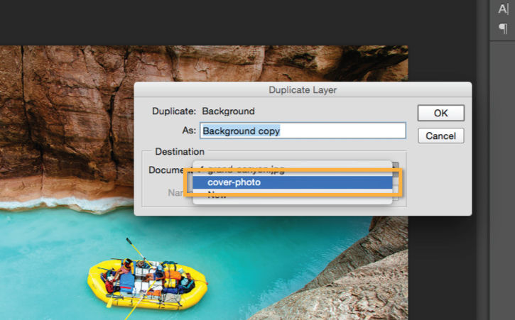Document Destination is cover-photo document created previously. Image is constrained to custom dimensions. 