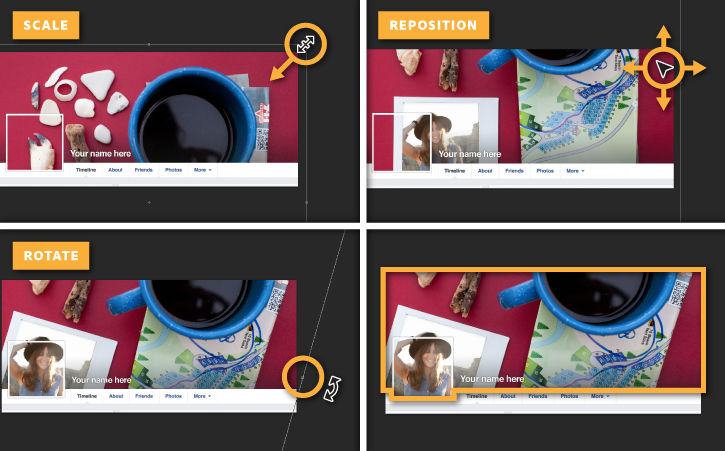 Cover photo may be scaled, repositioned, and rotated using the Edit > Free Transform tool. Press enter when finished editing.
