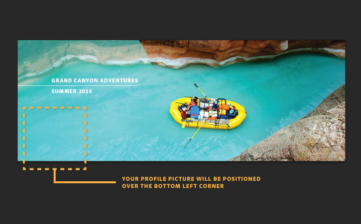 Rafting image is edited and sized to fit Facebook cover photo. Bounding box is drawn to show profile pic location 