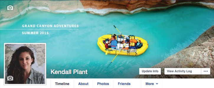 Facebook profile of a woman with personalized rafting cover photo reading “Grand Canyon Adventures Summer 2015”
