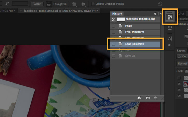 After saving profile photo, undo the previous two steps in History panel to reload profile photo into cover image