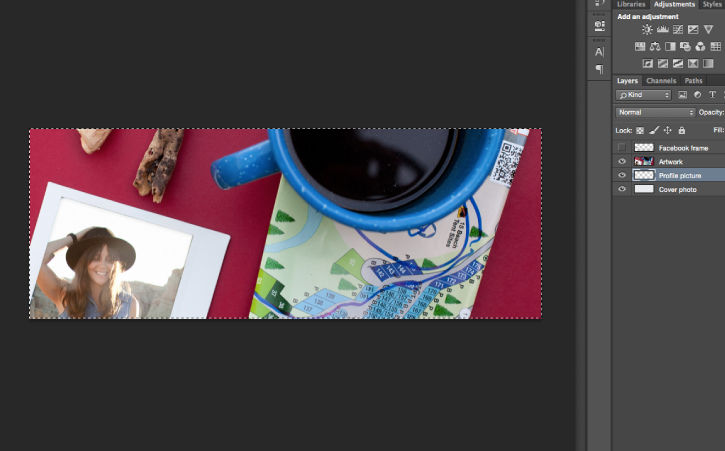 Command/Control click on cover photo layer thumbnail to select area for cover image, click Image > Crop, save as JPG
