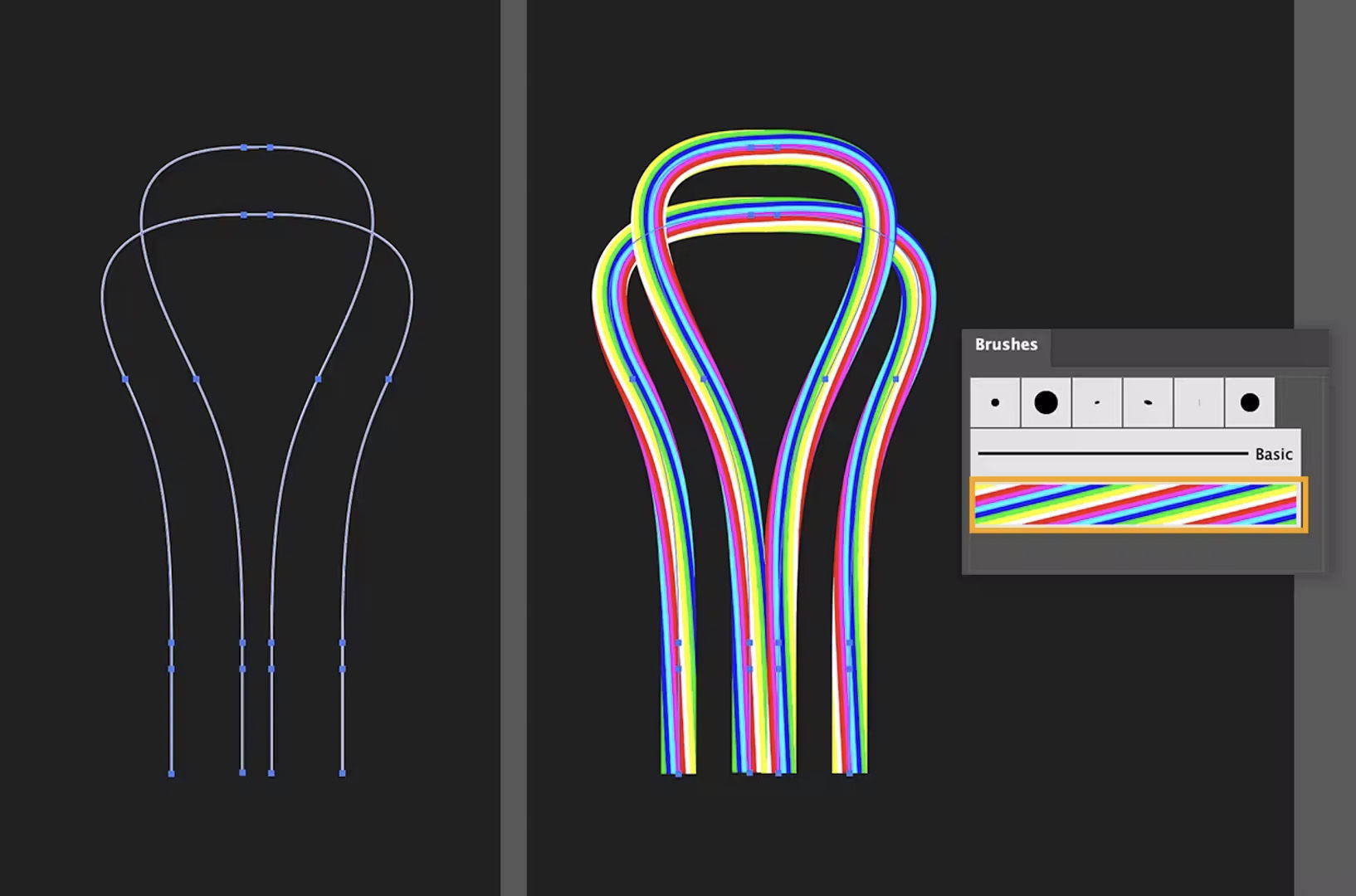 Rainbow pattern is blended into a gradient with tapered lines. Blend Options has Spacing set to 5.