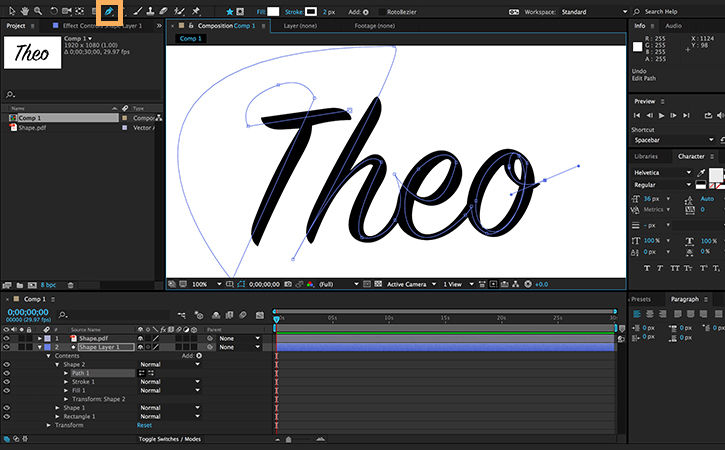 The Pen tool traces along the path of the signature.