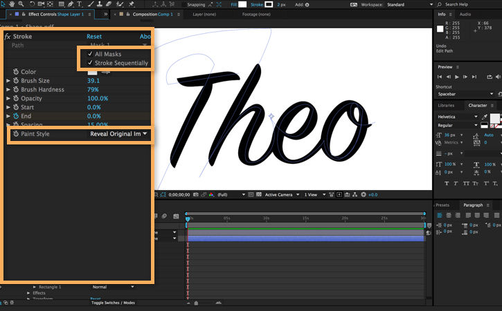 In the Stroke effect panel, All Masks and Stroke Sequentially are selected, brush size is increased to cover the signature.