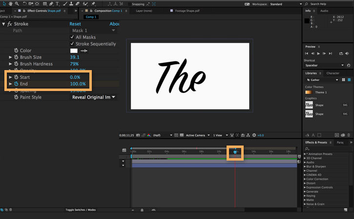 In the Stroke effect panel, Start displays 0%, End displays 100%, and playhead is moved to location at end of animation. 