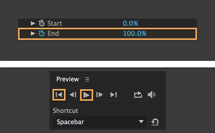In the Stroke panel, the End is highlighted and displays 100%. The first frame and play button are highlighted.