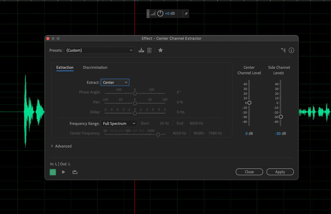 The Center Channel Extractor effect dialog box is open, and there are Extraction and Discrimination to use and adjust the settings.