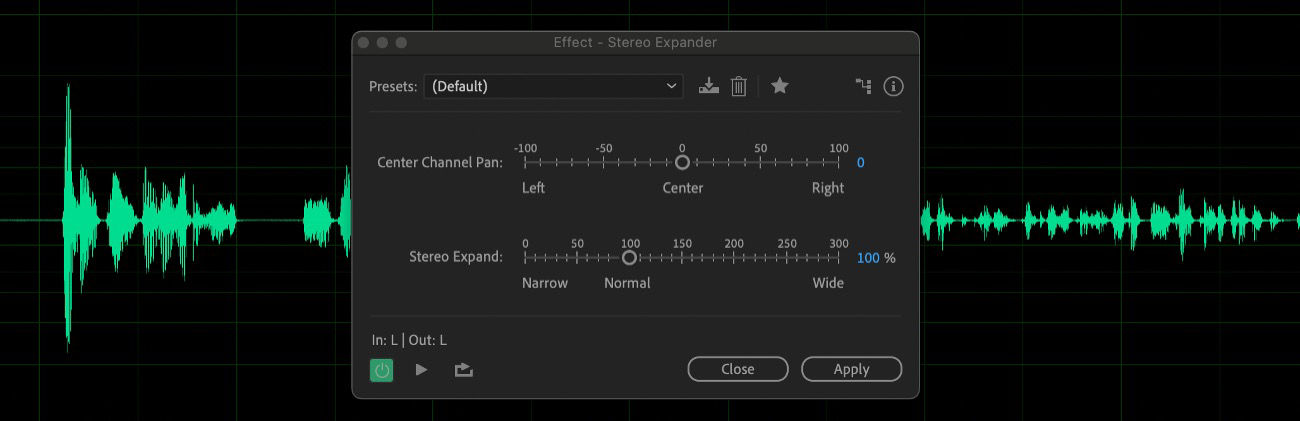 The Stereo Expander effect dialog box is open and there are options to adjust Center Channel Pan and Stereo Expand.