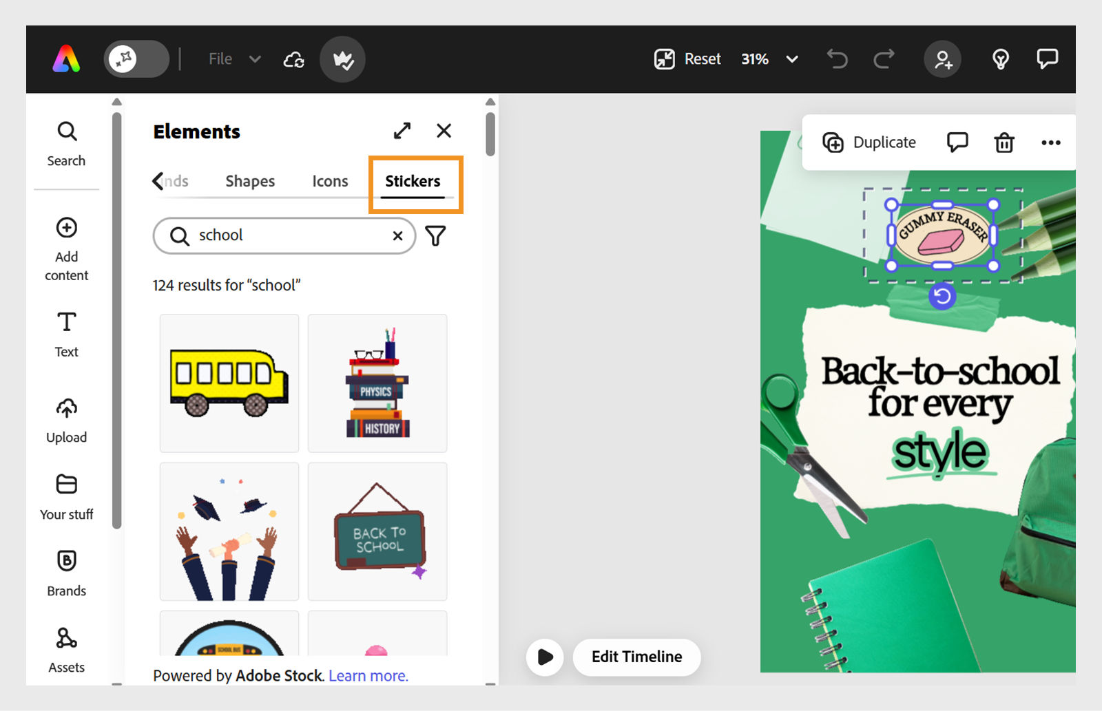 A design in Adobe Express shows a school themed layout with selected stickers, including a chalkboard, star, and daisy.