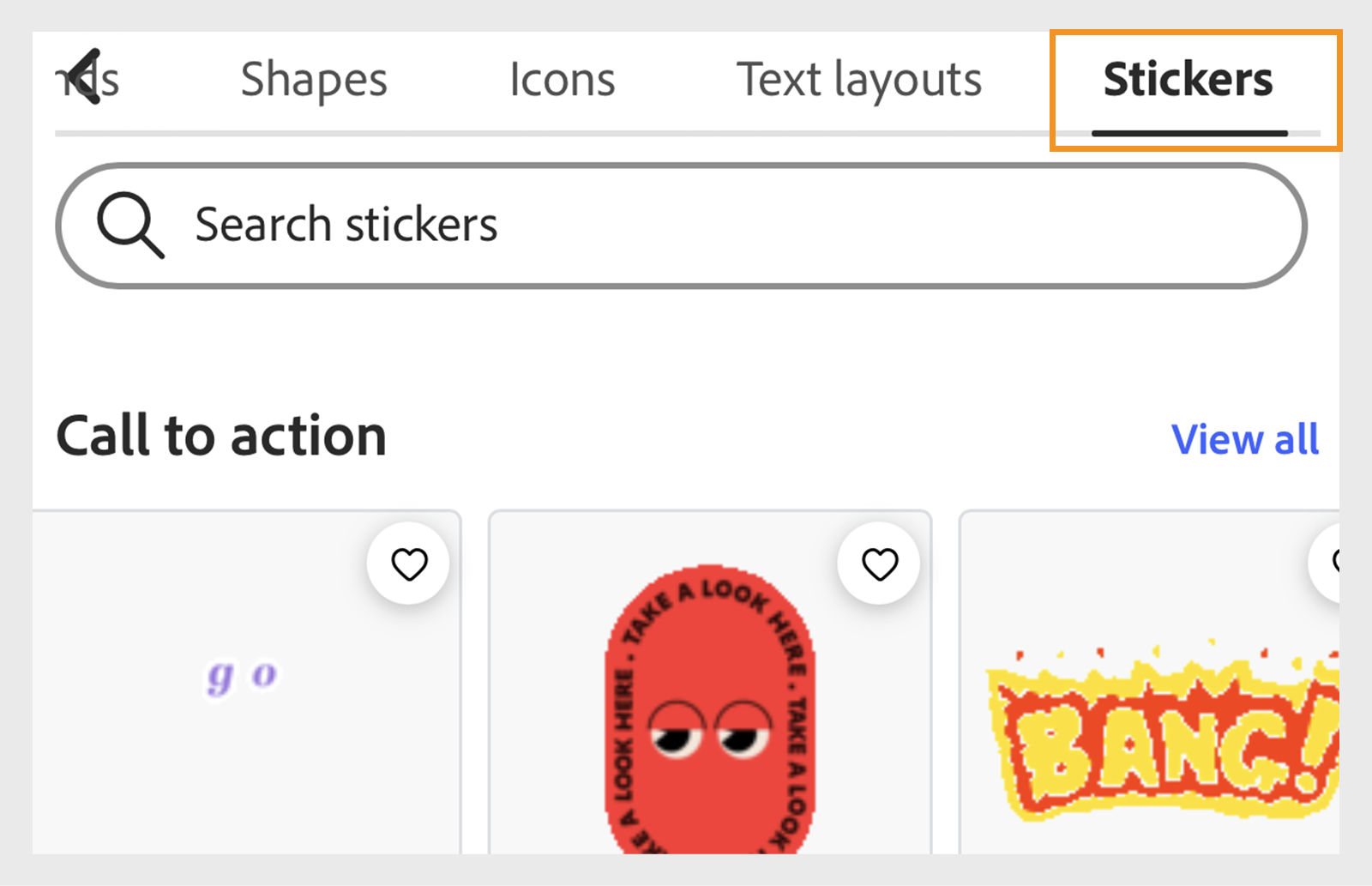 The image shows the Elements panel with Stickers section on the top-right corner and multiple stickers sections like Arrows and marks, Call to action, Shapes, Creativity, and more. 