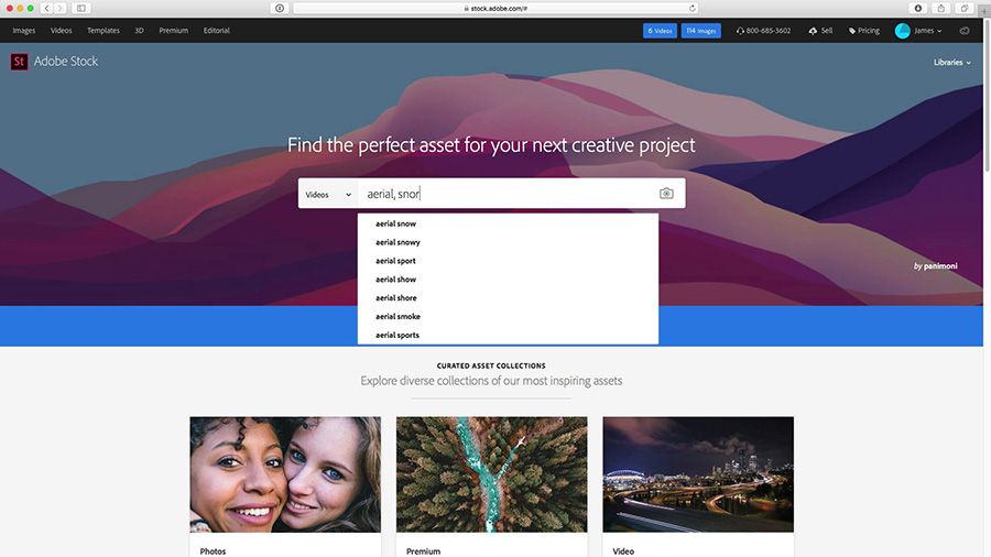 Adobe Stock homepage features a search bar with options for type of media