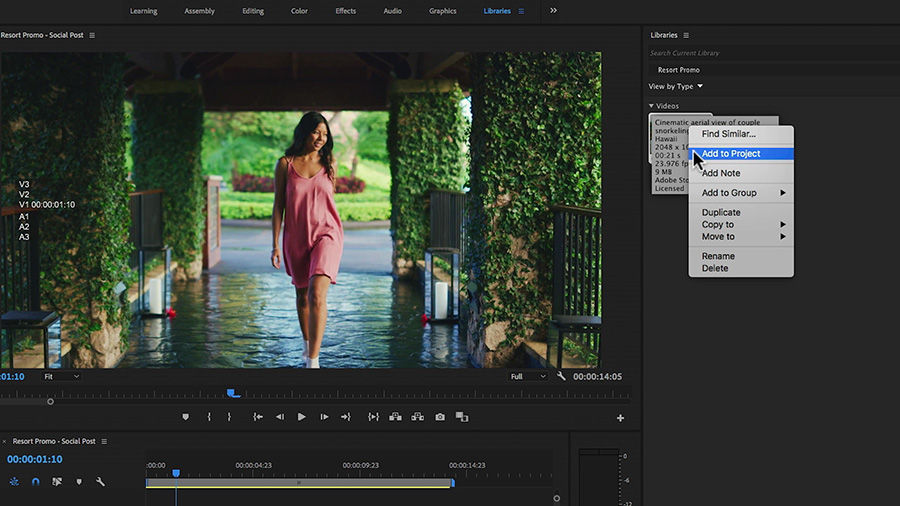 Clip of smiling woman wearing a pink dress passing through a walkway with ivy covered pillars is imported into Premiere Pro.