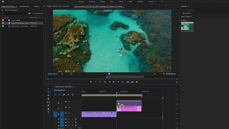 Clip of smiling woman passing through covered walkway is dropped into an existing sequence in Premiere Pro.